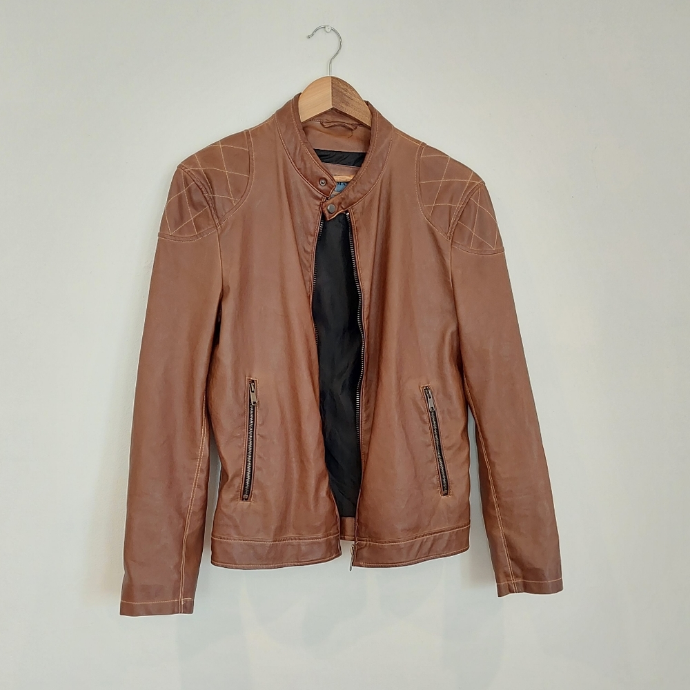 Zara man brown faux leather moto jacket quilted shoulder zip pockets acc…